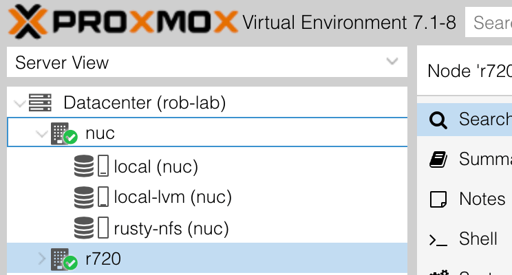 nuc storage in proxmox console